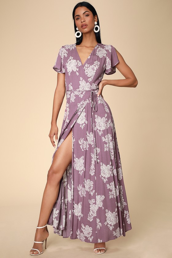 Dusty Lavender Floral Print Dress - Wrap Dress - Maxi Dress - Lulus